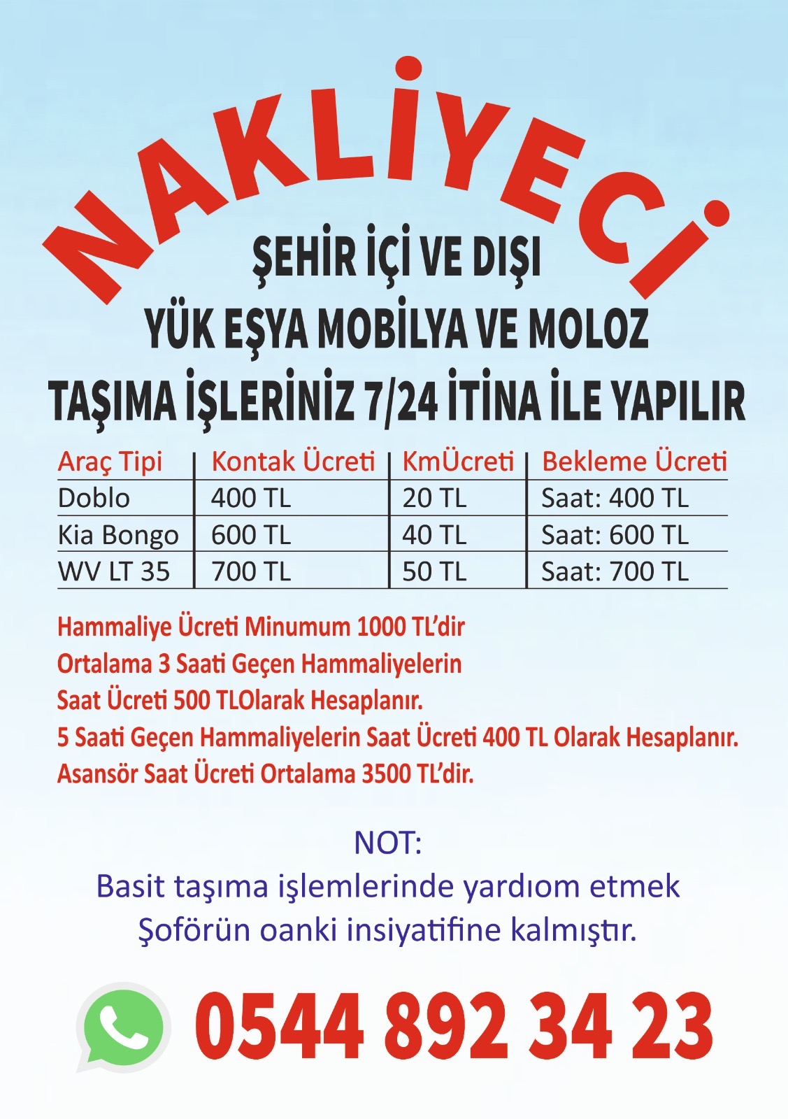 Nakliyeci Ergin Genel Fiyat Listesi